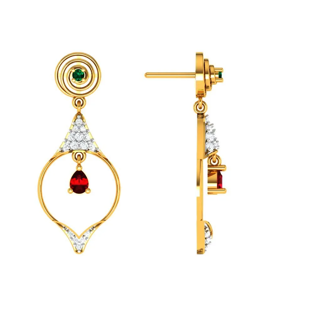 Diamond Studded Drop Dangler With Marvellous Red Stone In 18k Gold Earrings