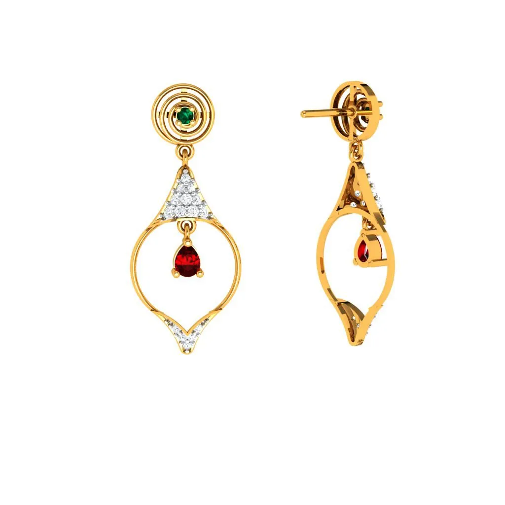 Diamond Studded Drop Dangler With Marvellous Red Stone In 18k Gold Earrings