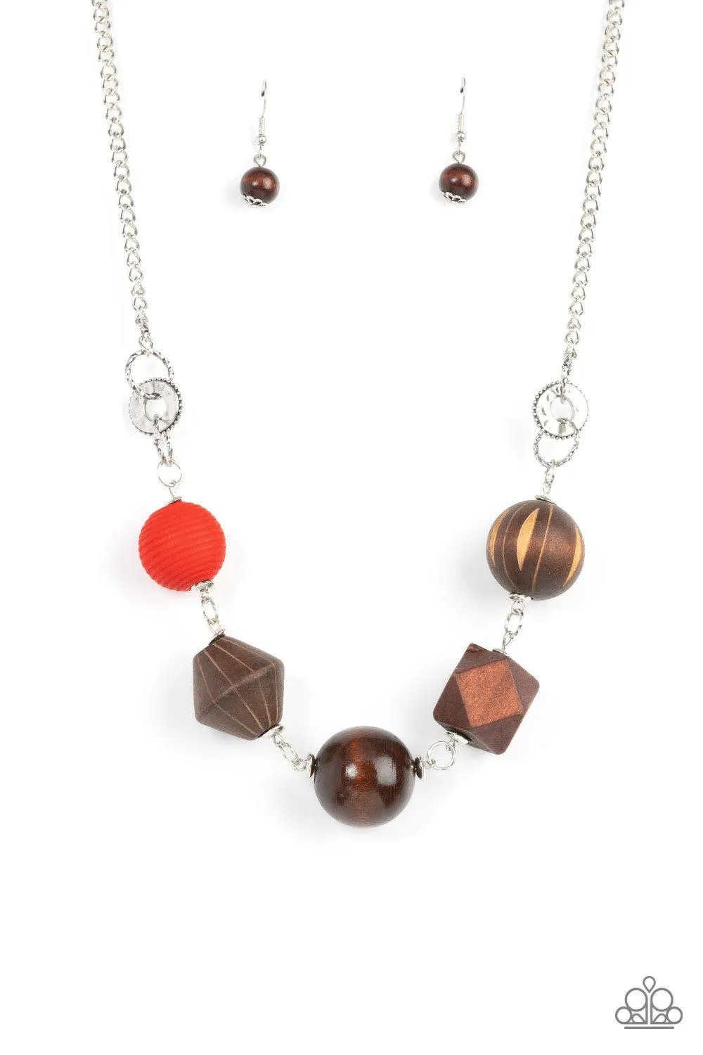 Eco Extravaganza Red & Brown Wood Necklace - Paparazzi Accessories