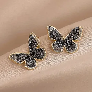 Elegant Black Crystal Butterfly Stud Earrings-jlt11846