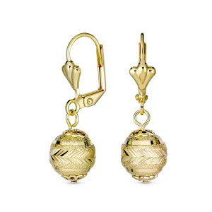 Elegant Vintage Diamond-Cut Drop Ball Earrings 18K Gold Plated Lightweight 10MM