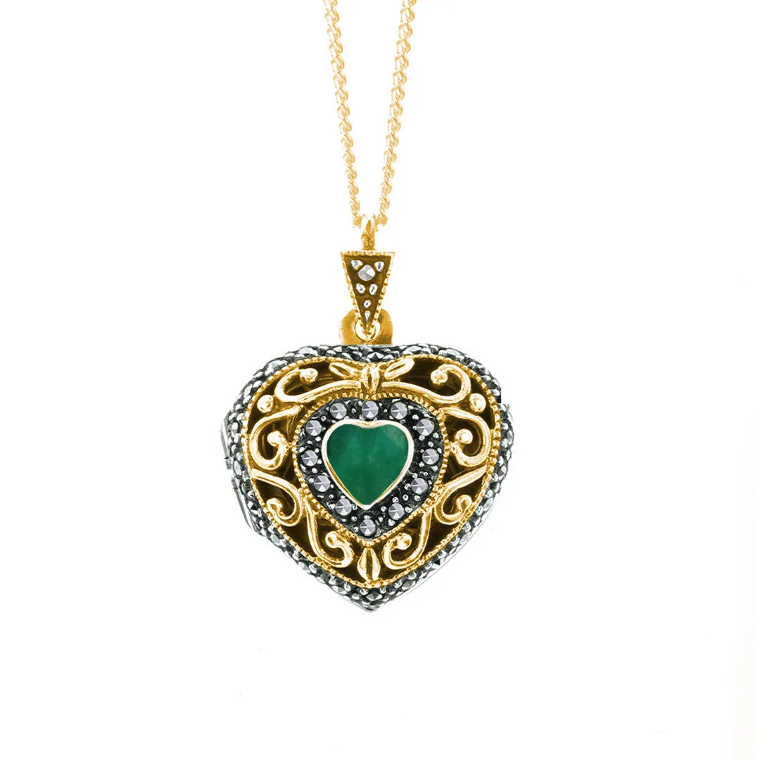 Emerald Vintage Heart Locket | Gold