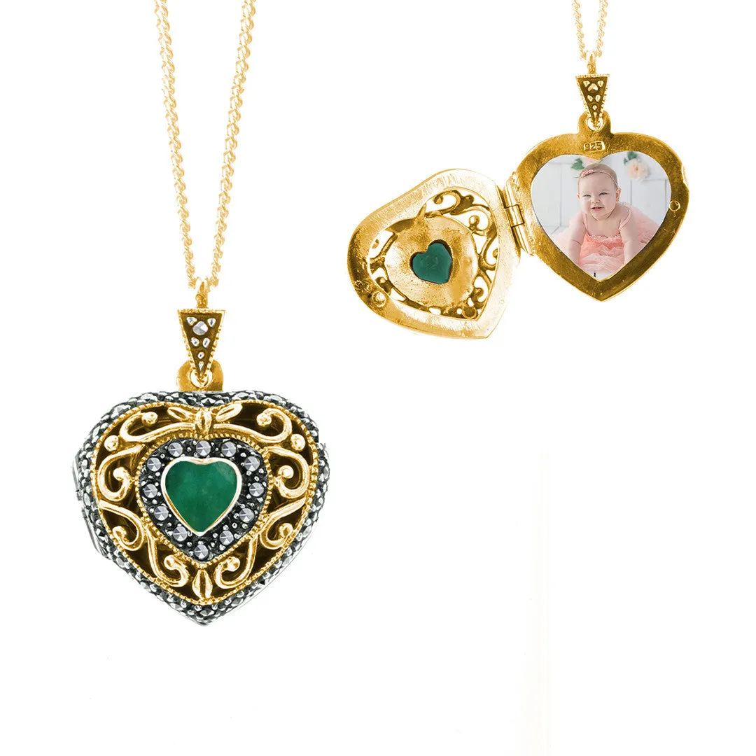 Emerald Vintage Heart Locket | Gold