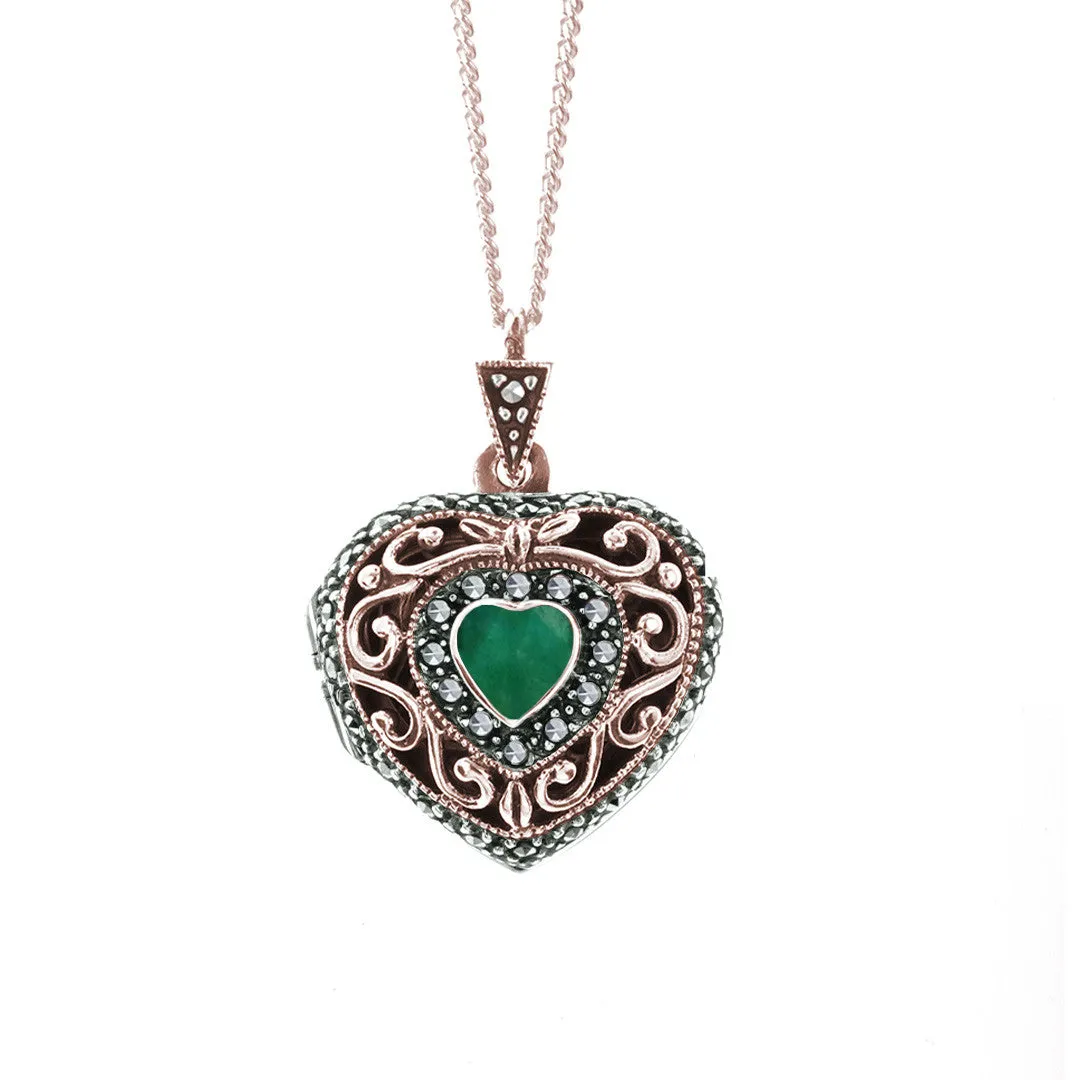 Emerald Vintage Heart Locket | Rose Gold