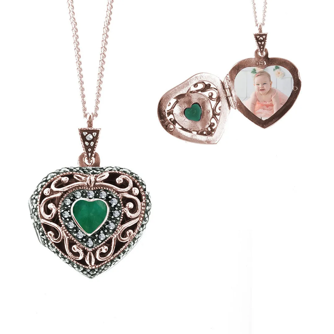 Emerald Vintage Heart Locket | Rose Gold