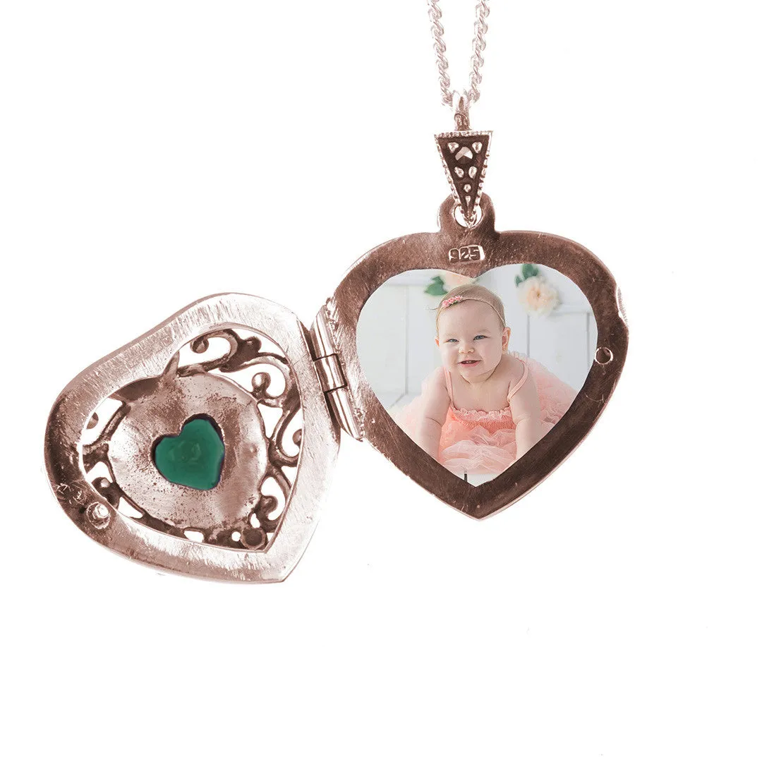 Emerald Vintage Heart Locket | Rose Gold