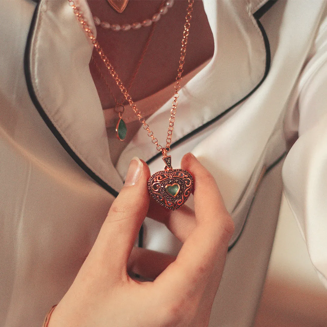 Emerald Vintage Heart Locket | Rose Gold