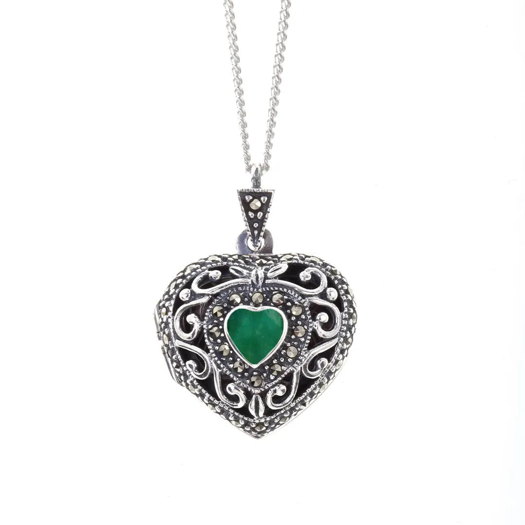 Emerald Vintage Heart Locket | Silver