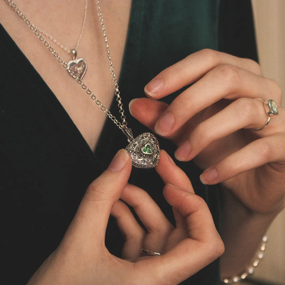 Emerald Vintage Heart Locket | Silver