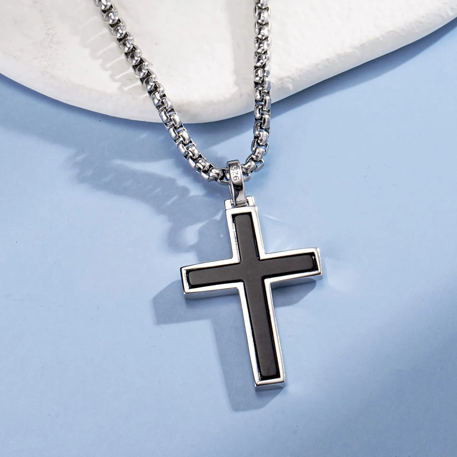 FANCIME Mens Black Bold Cross 925 Silver Pendant