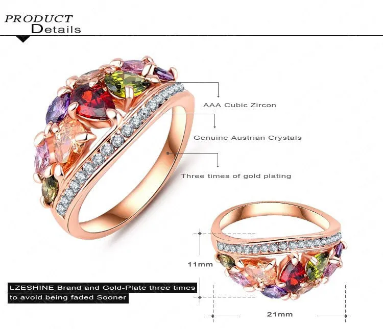 Fashionable Multi Color Finger Rings Austrian Crystal Rose Gold Plated Rings for Women Party Jewelry