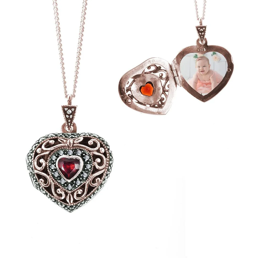 Garnet Vintage Heart Locket | Rose Gold