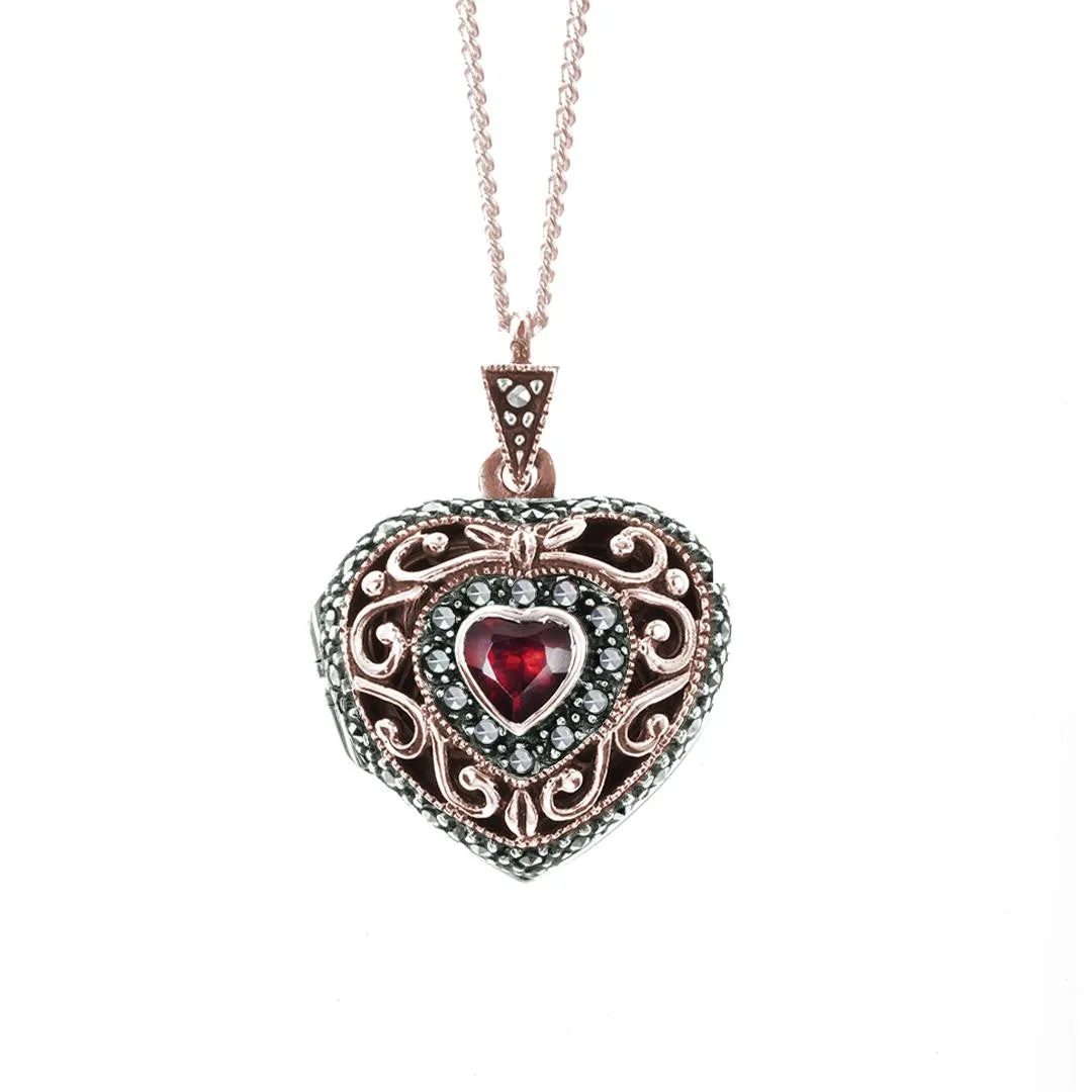 Garnet Vintage Heart Locket | Rose Gold