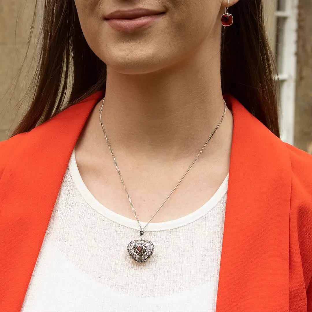 Garnet Vintage Heart Locket | White Gold