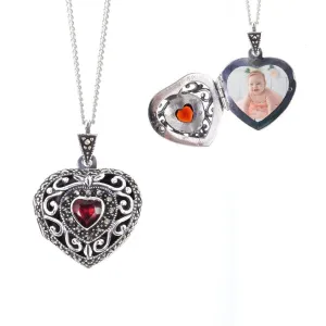 Garnet Vintage Heart Locket | White Gold