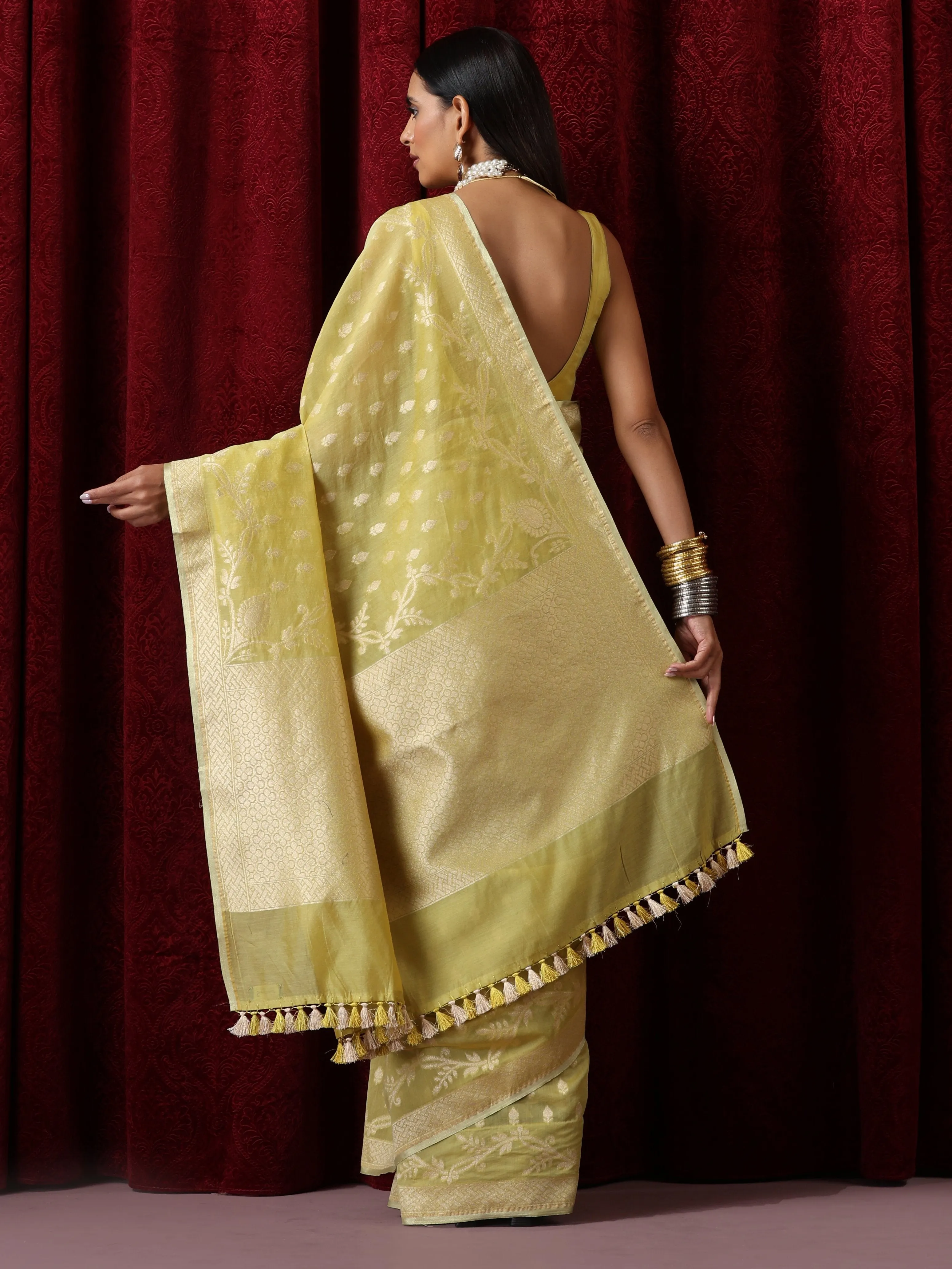 Gayatri Devi Lime Yellow Cotton Silk Dual Shade Saree with Blouse Fabric