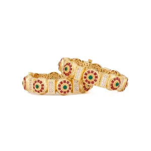 Gold Plated Kundan & Green Onyx Stone Bangles, Set of 2