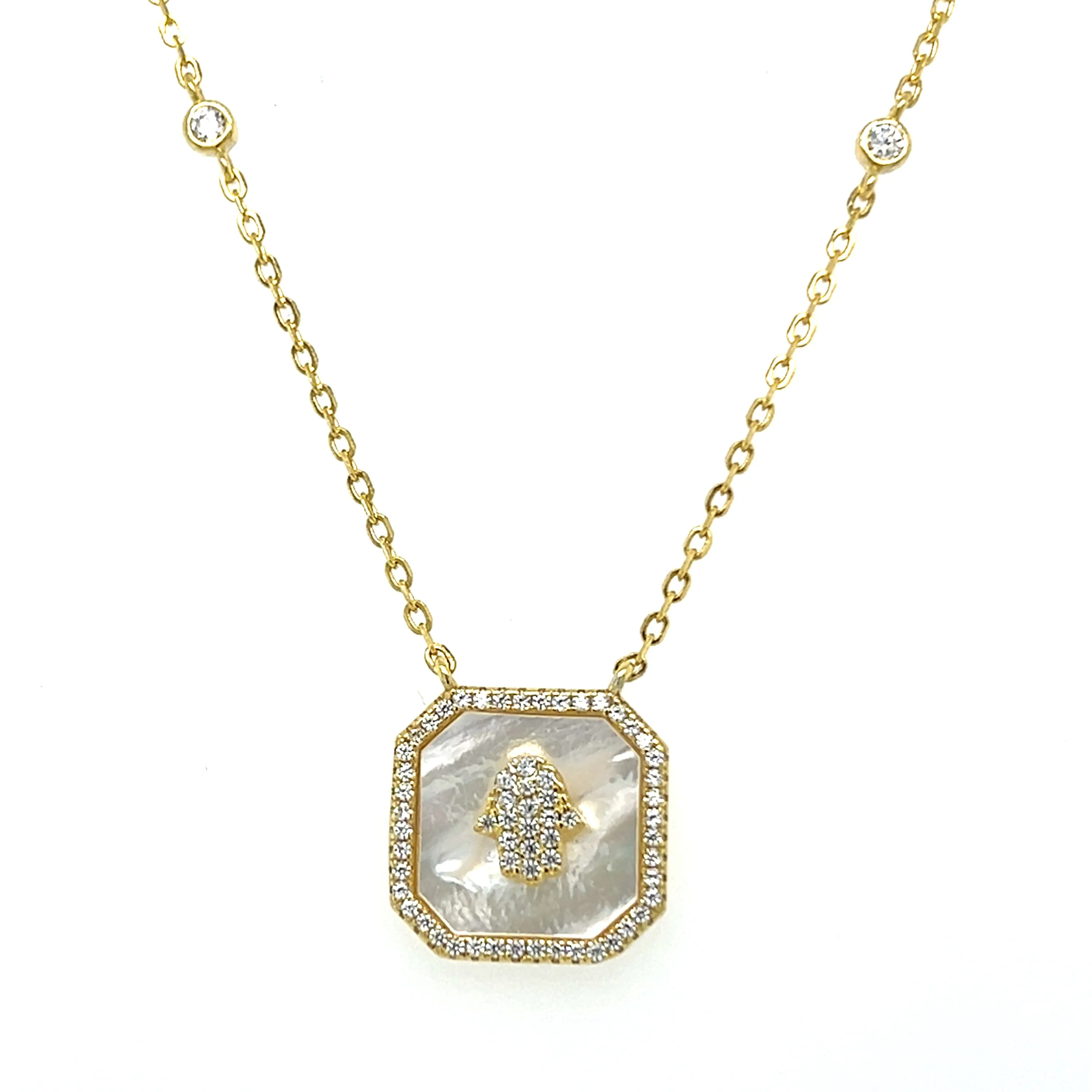 Hamsa on Hexagon CZ Necklace