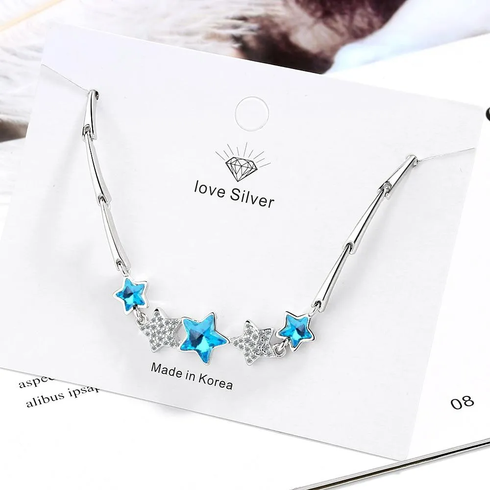 Handmade Sterling Silver Blue Pentagonal Star Charm Bracelets For Women