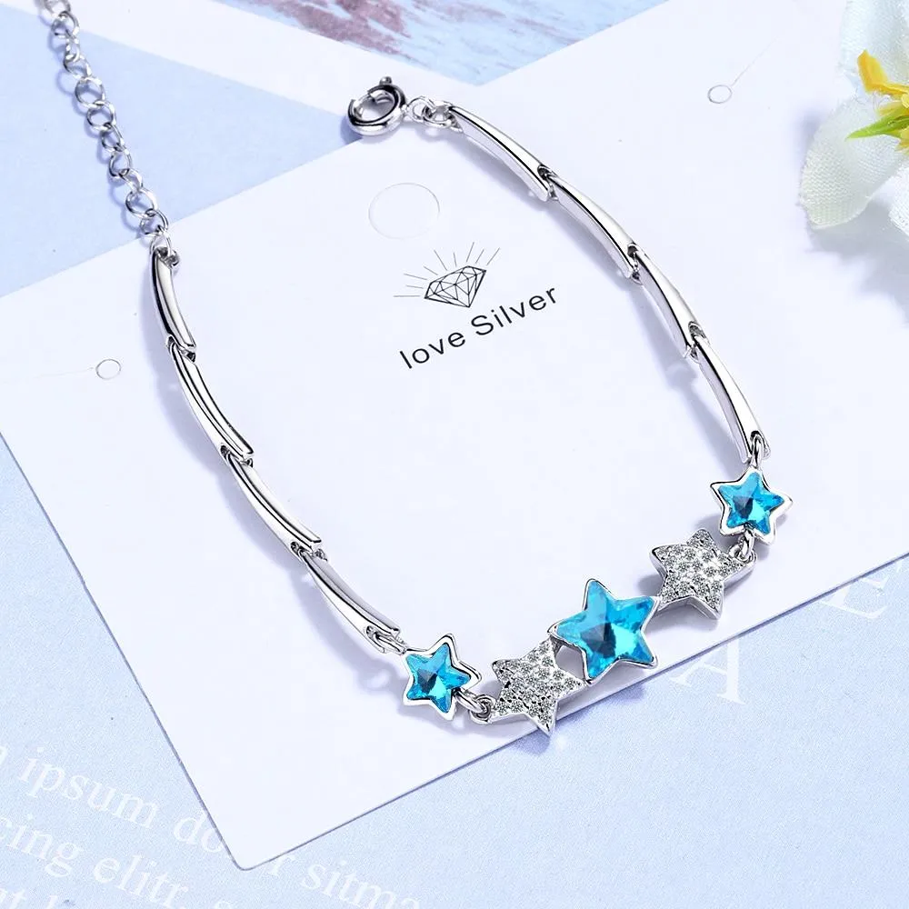 Handmade Sterling Silver Blue Pentagonal Star Charm Bracelets For Women