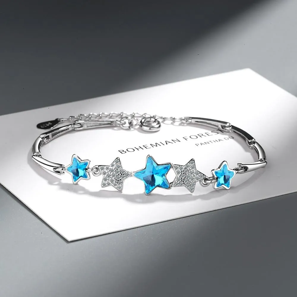 Handmade Sterling Silver Blue Pentagonal Star Charm Bracelets For Women