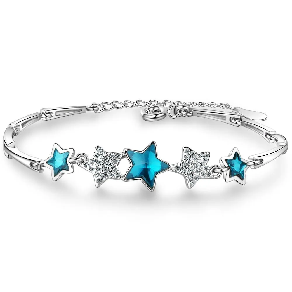 Handmade Sterling Silver Blue Pentagonal Star Charm Bracelets For Women