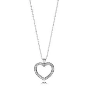 Heart floating locket silver pendant with clear cubic zirconia and necklace