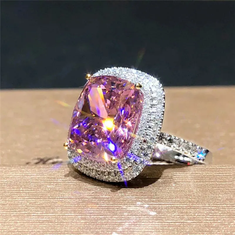 Huitan Personality Big Pink Cubic Zirconia Wedding Rings for Women Romantic Bridal Marriage Ceremony Party Rings Fashion Jewelry