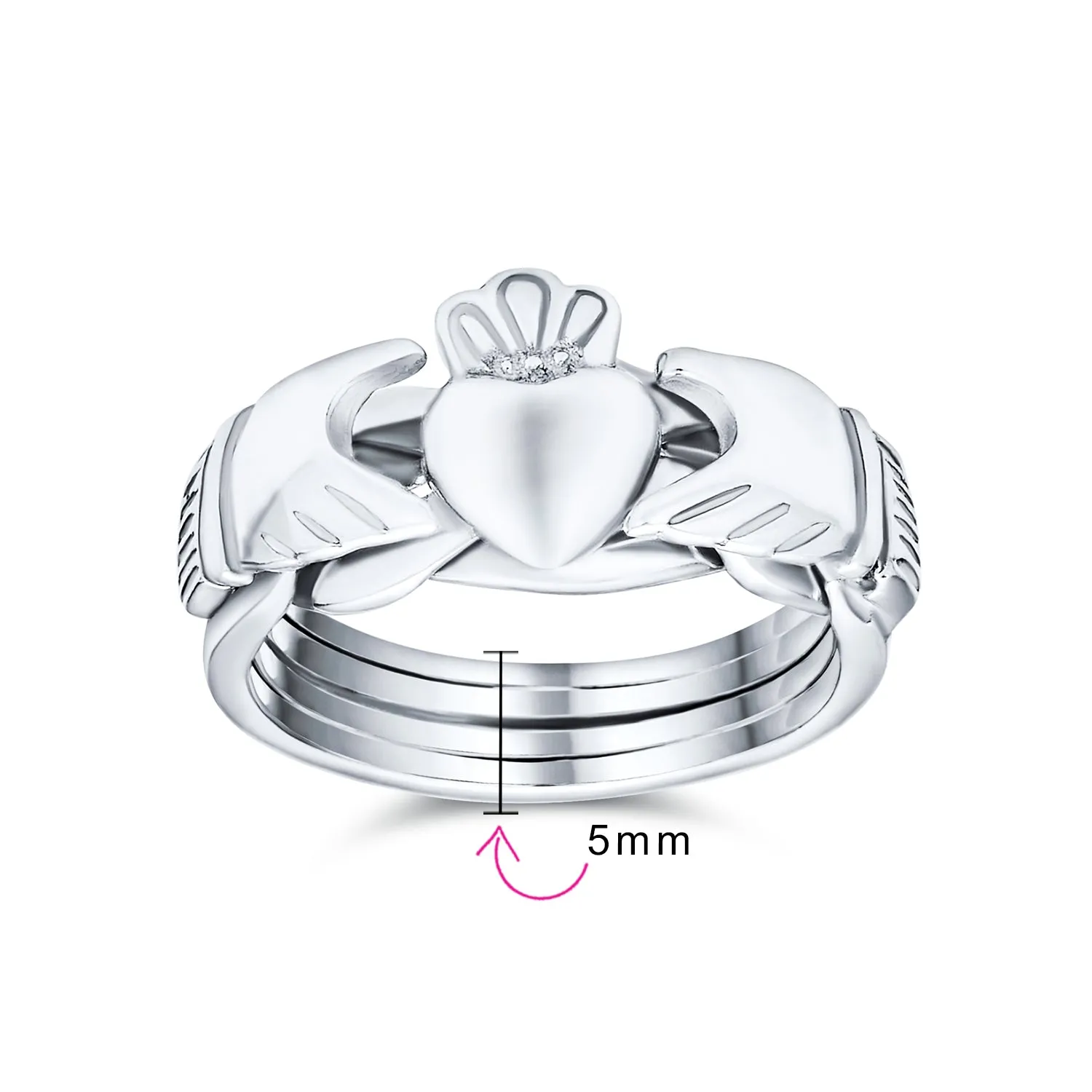 Irish Celtic Claddagh Puzzle Silver Ring with Trinity Hands and Crown Heart Design