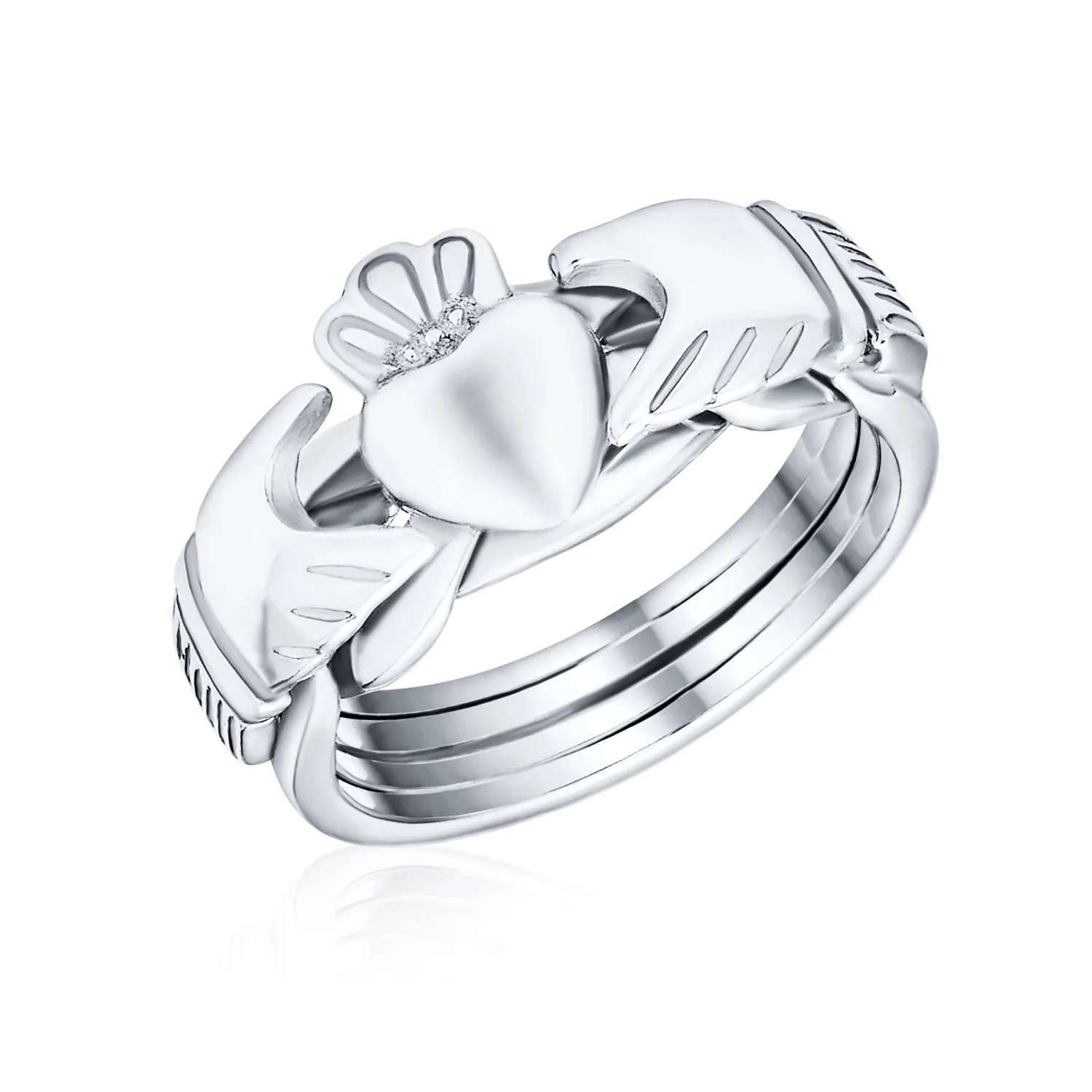 Irish Celtic Claddagh Puzzle Silver Ring with Trinity Hands and Crown Heart Design