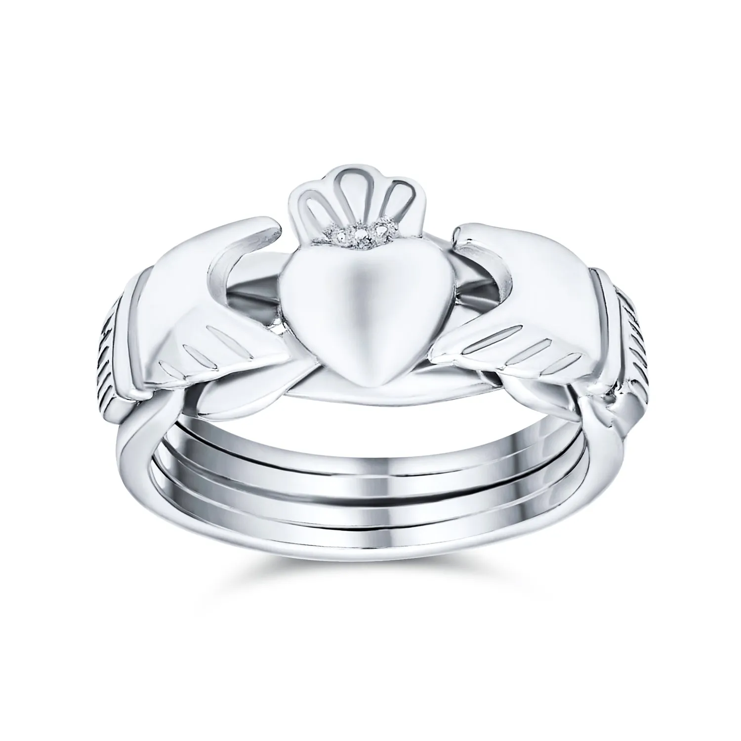 Irish Celtic Claddagh Puzzle Silver Ring with Trinity Hands and Crown Heart Design