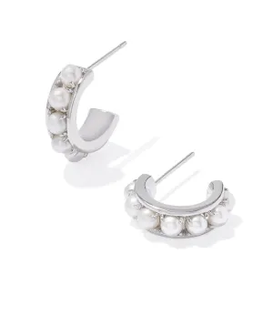 Krista Silver Huggie Earrings in White Pearl