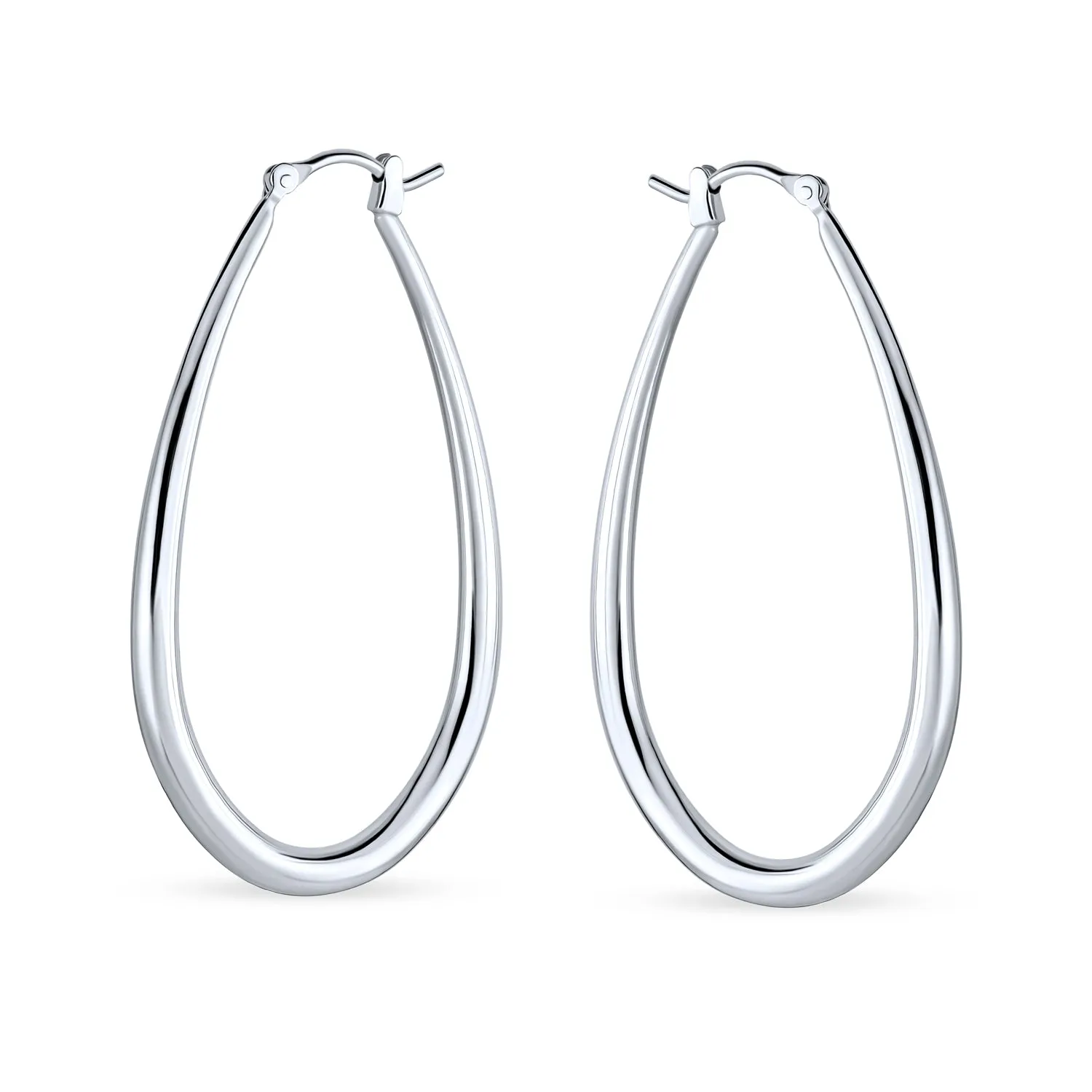 Large Oval Polished Hoop Huggie Earrings Sterling Silver 2 Inch Hinged Post