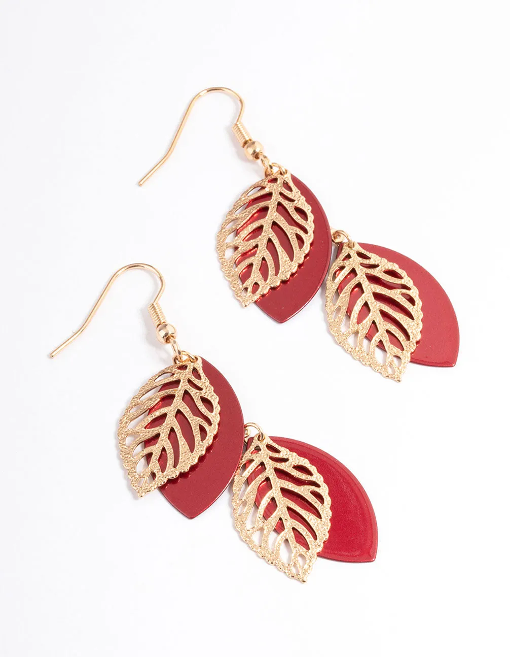 Maroon Double Leaf Cut Out Drop Earrings