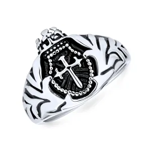 Mens Statement Crown Knight Arms Shield Signet Cross Ring Black Stainless Steel