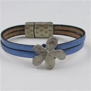 Metellic Blue Flat Leather Bracelet with Dorabeth Pewter Simple Flower