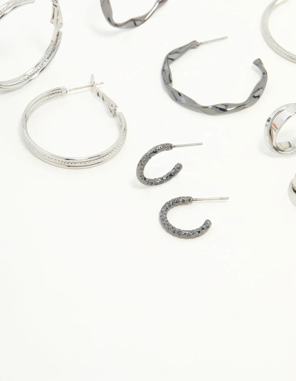 Mixed Shade Silver Twisted & Sleek Hoop Earrings 6-Pack