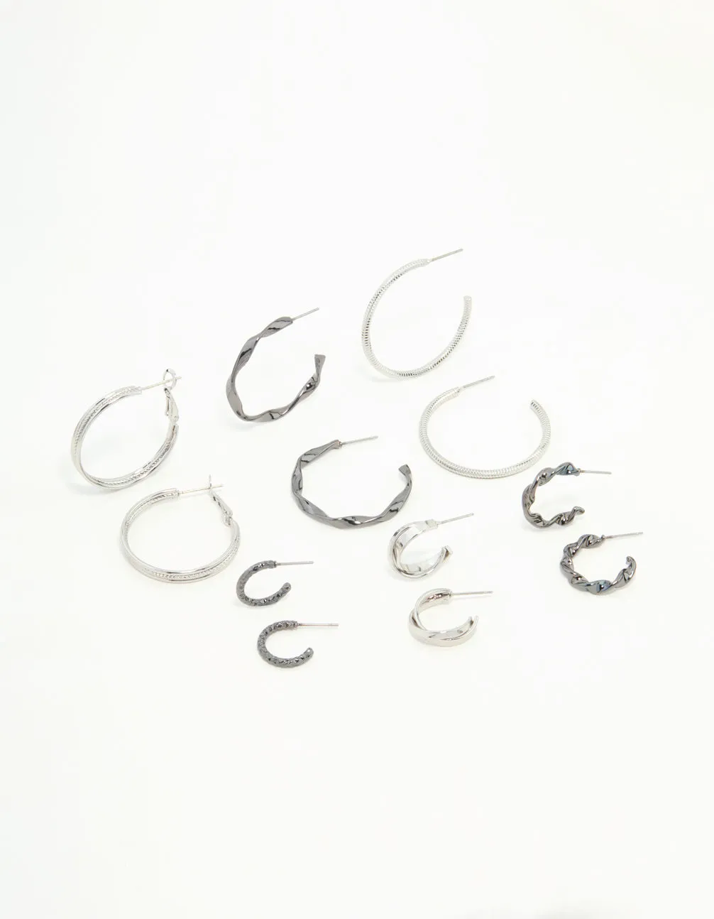 Mixed Shade Silver Twisted & Sleek Hoop Earrings 6-Pack