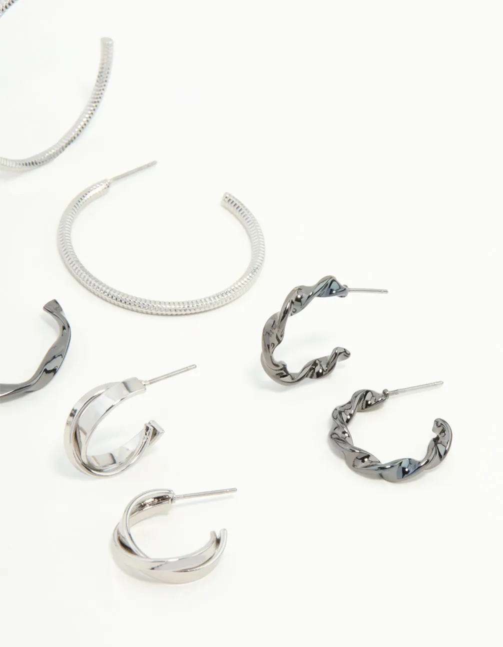 Mixed Shade Silver Twisted & Sleek Hoop Earrings 6-Pack