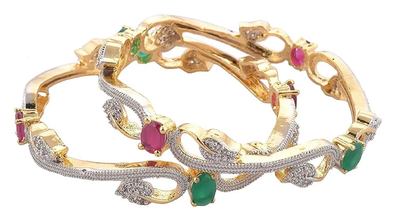 Modern Pink and Green American Diamond Studded Bangle Set for Women and Girls