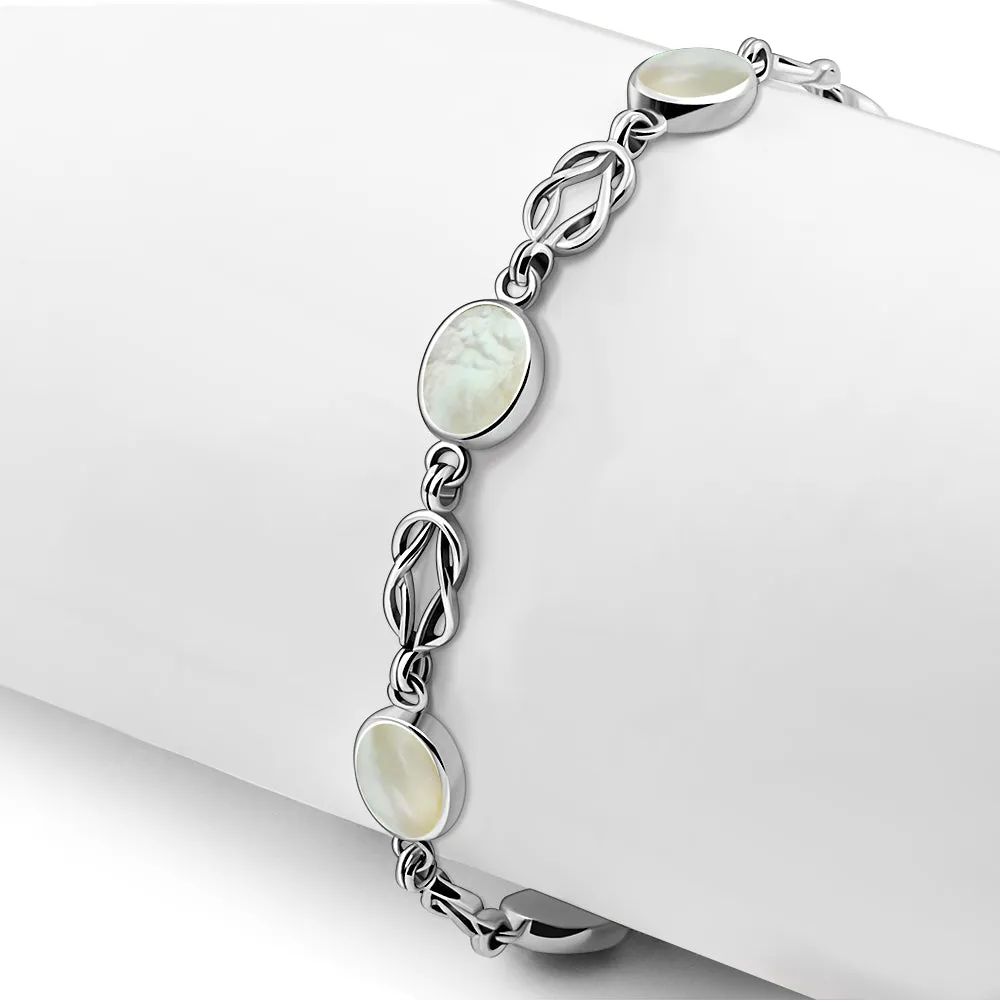 Mother Of Pearl Oval Links Celtic Knot Silver Bracelet