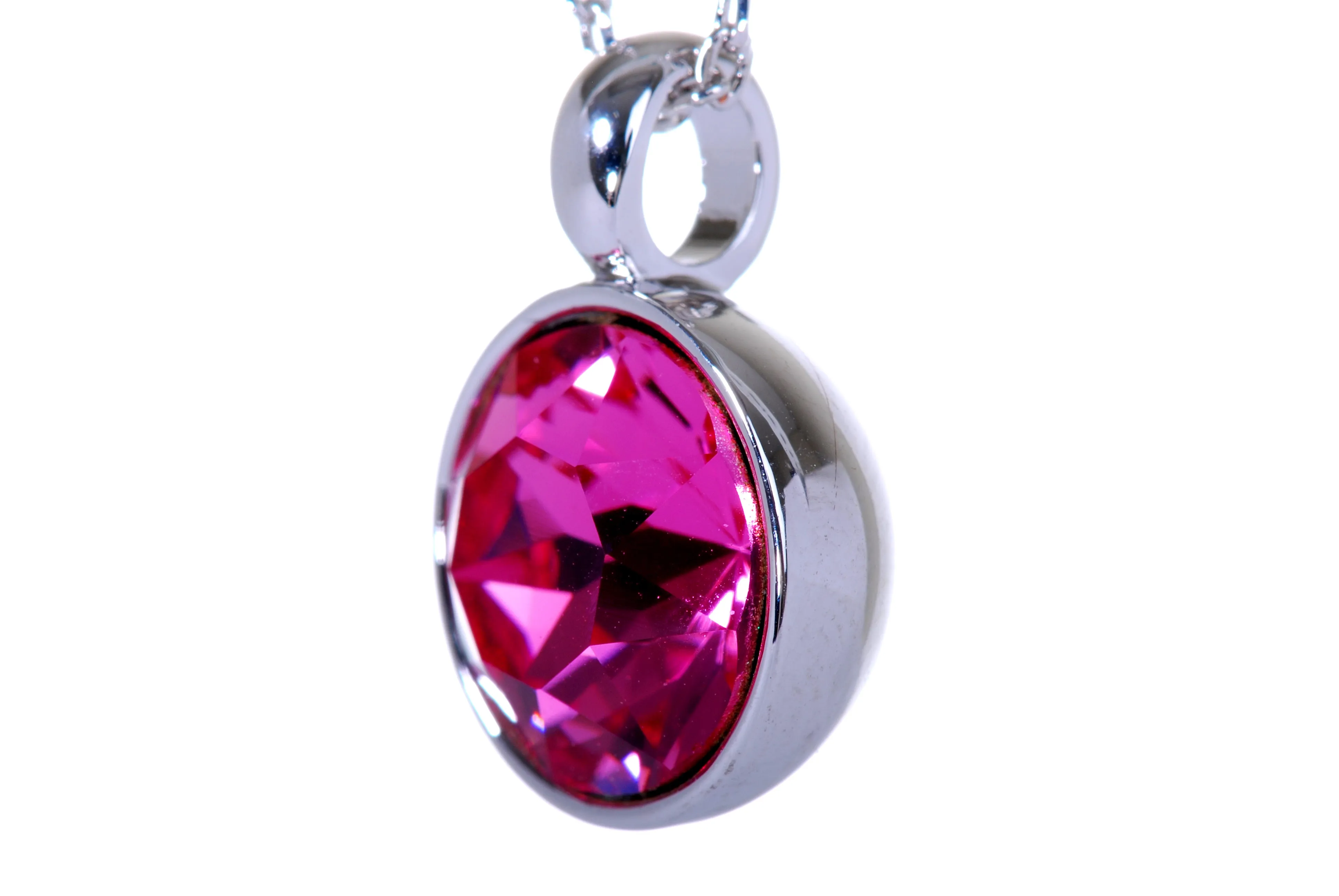 N7174 Brilliant Round Fushia Swarovski Crystal Elements Rhodium Plated Pendant Necklace