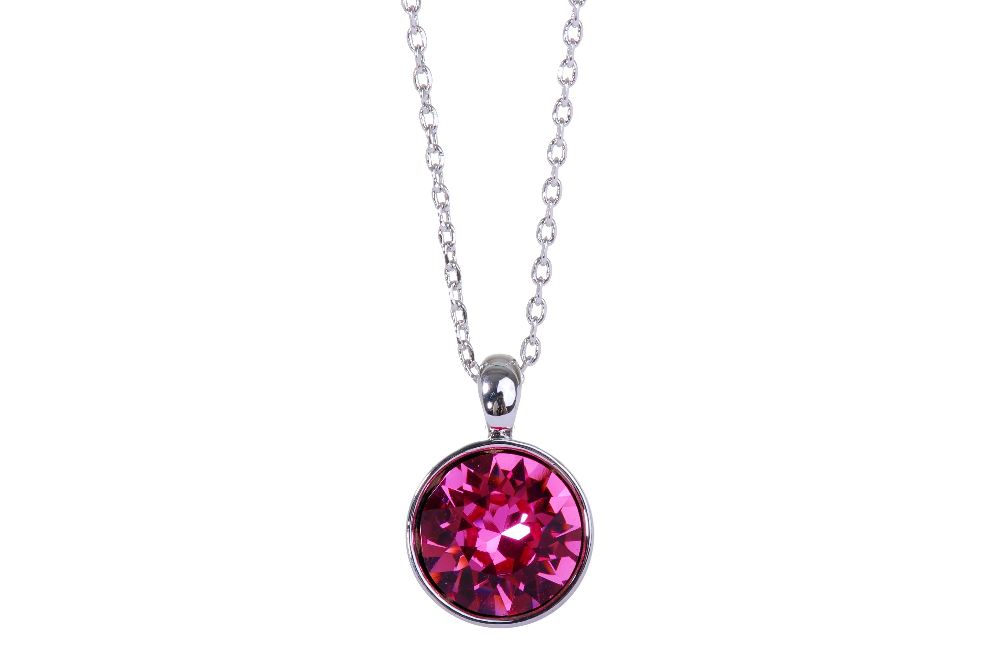 N7174 Brilliant Round Fushia Swarovski Crystal Elements Rhodium Plated Pendant Necklace