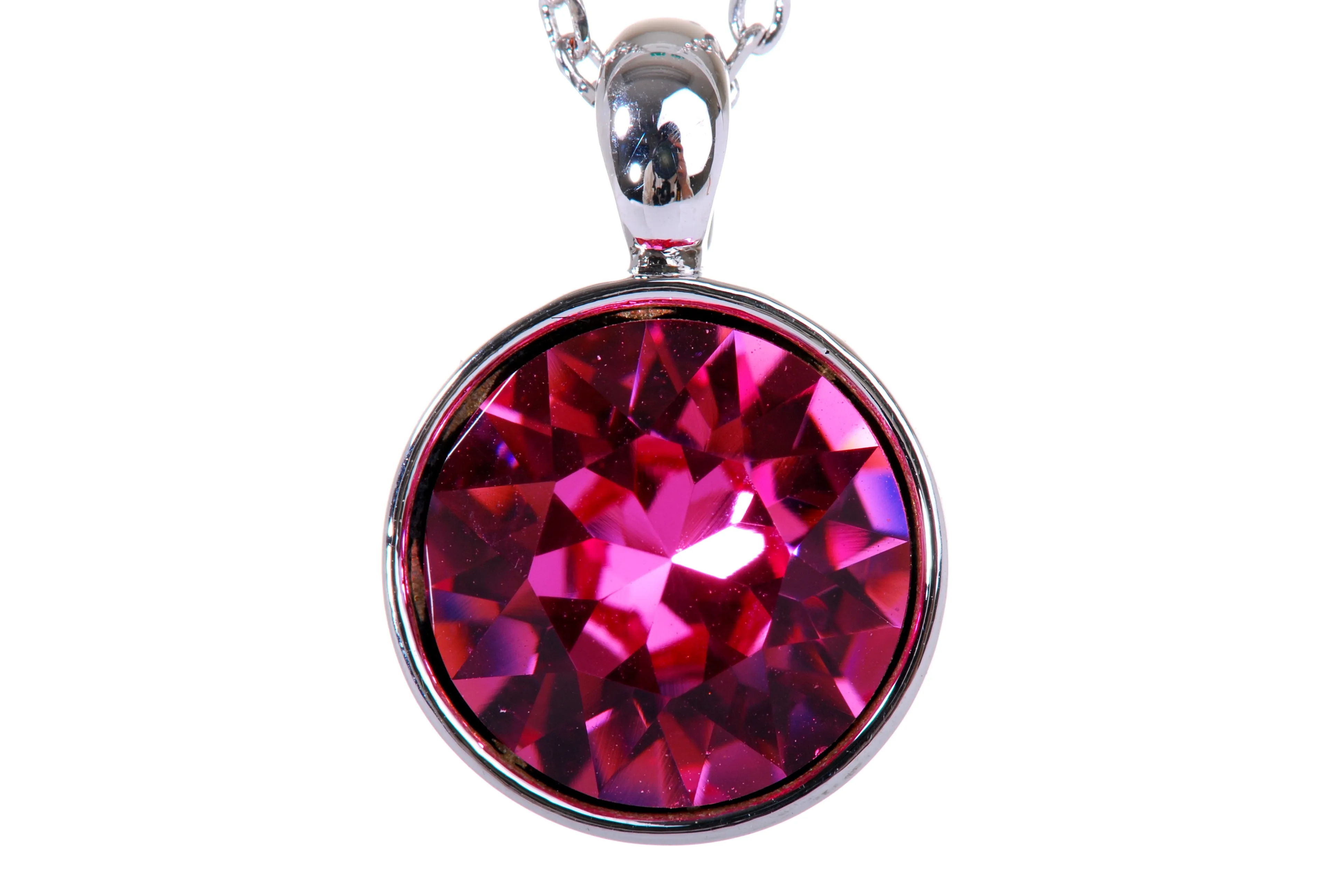 N7174 Brilliant Round Fushia Swarovski Crystal Elements Rhodium Plated Pendant Necklace