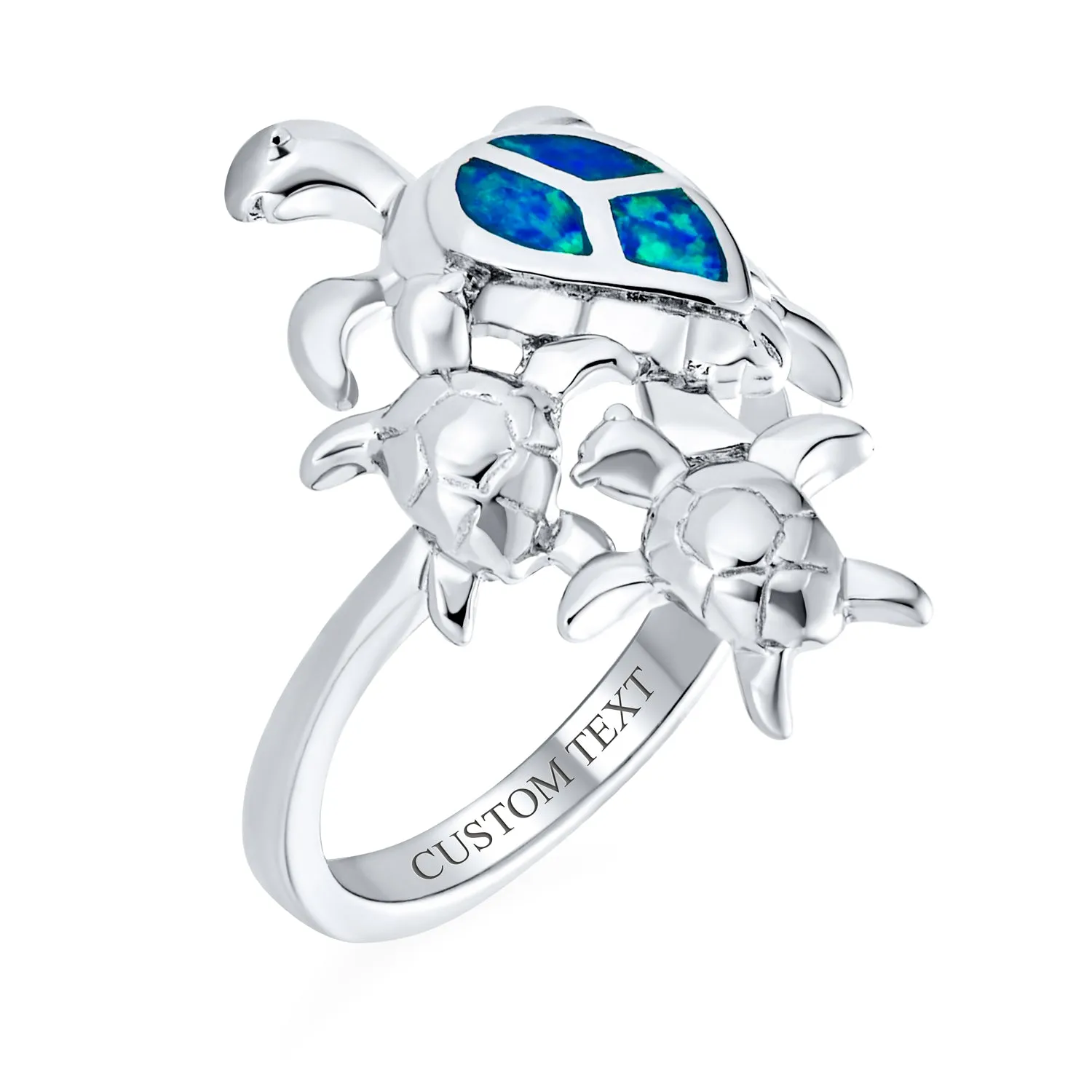 Nautical Tropical Blue Opal Turtle Family Trio Ring Sterling Silver Ring