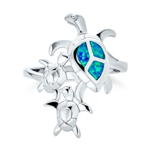 Nautical Tropical Blue Opal Turtle Family Trio Ring Sterling Silver Ring