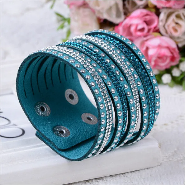 New Womens Simple Cuff Leather Girls Crystal Wrap Punk Bangle Rhinestone Bracelet Jewelry Gift Party