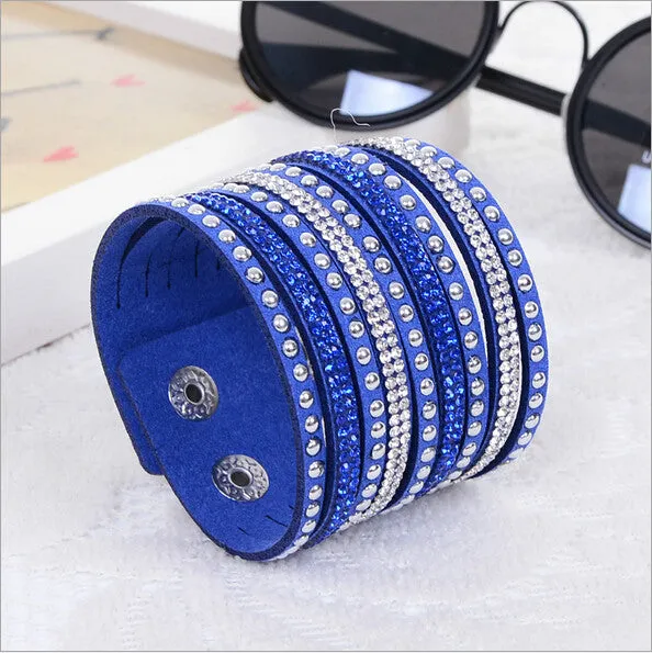 New Womens Simple Cuff Leather Girls Crystal Wrap Punk Bangle Rhinestone Bracelet Jewelry Gift Party