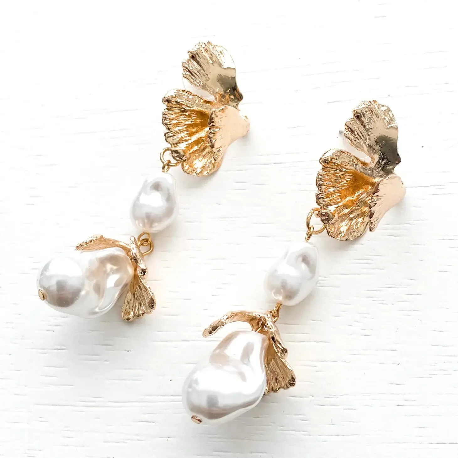 Pearl Bud Fan Leaf Drop Statement Earrings