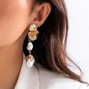 Pearl Bud Fan Leaf Drop Statement Earrings